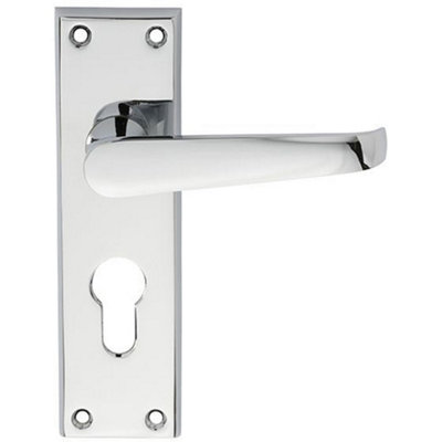 Loops Straight Victorian Latch & Euro Lock Door Handle Polished Chrome Lever Backplate