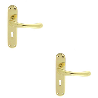 B&Q -  2 PackRounded Smooth Latch & Lock Door HandlePolished Brass Lever On Backplate