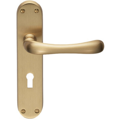 Loops Rounded Smooth Latch & Lock Door HandleSatin Brass Lever On Backplate from B&Q