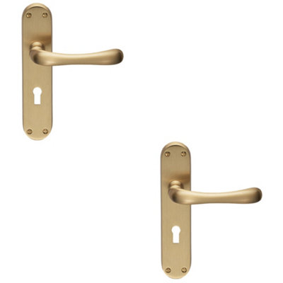 Loops 2 PackRounded Smooth Latch & Lock Door HandleSatin Brass Lever On Backplate from B&Q