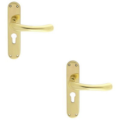 B&Q -  2 PackRounded Smooth Latch & Euro Lock Door HandlePolished Brass Lever On Backplate