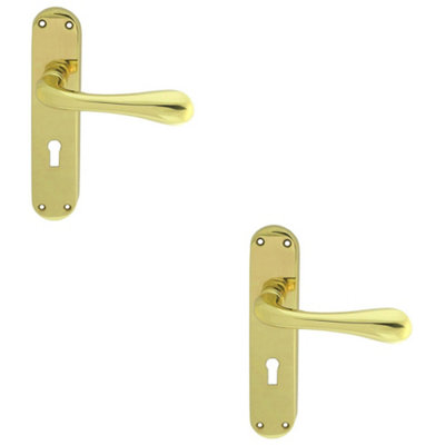 B&Q -  2 PackRounded Flaired Latch & Lock Door HandlePolished Brass Lever On Backplate
