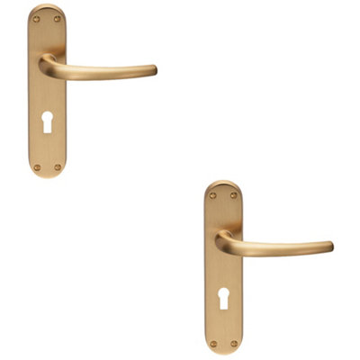 Loops 2 PackRounded Sleek Latch & Lock Door HandleSatin Brass Lever On Backplate from B&Q