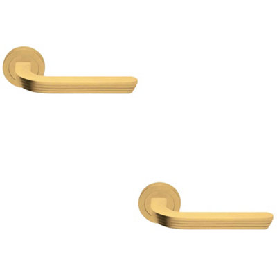 Loops 2 PackPremium Art Deco Door Handle SetSatin Brass Reeded Lever On Round Rose