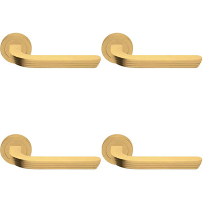 Loops 4 PackPremium Art Deco Door Handle SetSatin Brass Reeded Lever On Round Rose