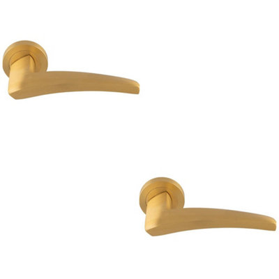 B&Q -  2 PackPremium Elegant Curve Door Handle SetSatin Brass Bar Lever On Round Rose