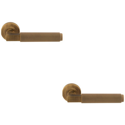 Loops 2 PackPremium Knurled Door Handle SetAntique Brass Angled Lever On Round Rose