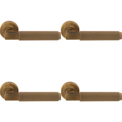 Loops 4 PackPremium Knurled Door Handle SetAntique Brass Angled Lever On Round Rose