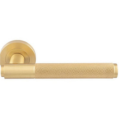 Loops Luxury Knurled Door Handle SetSatin Brass Angled Lever On Round Rose