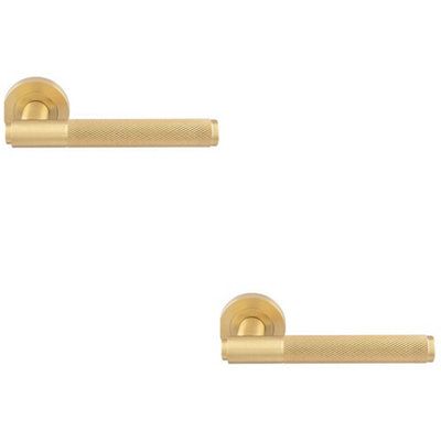 Loops 2 PackLuxury Knurled Door Handle SetSatin Brass Angled Lever On Round Rose