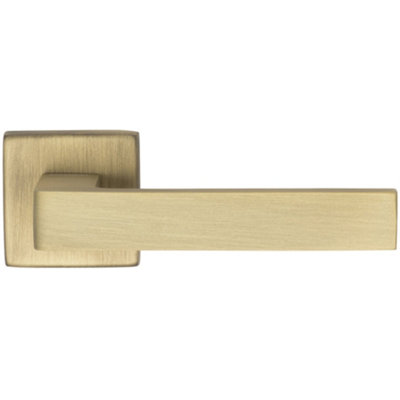 Loops Contemporary Flat Door Handle SetAntique Brass Sleek Lever On Square Rose