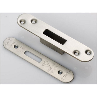 B&Q -  Euro Cylinder Deadlock Forend Strike & Fixing PackSatin Steel Radius 150X30mm