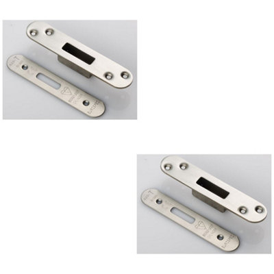 B&Q -  2 PackEuro Cylinder Deadlock Forend Strike & Fixing Pack Set- Satin Steel Radius 150X30mm