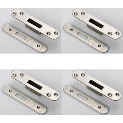 B&Q -  4 PackEuro Cylinder Deadlock Forend Strike & Fixing Pack Set- Satin Steel Radius 150X30mm