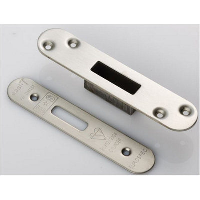 B&Q -  Bs8621 Cylinder Deadlock Forend Strike & Fixing PackSatin Steel Radius