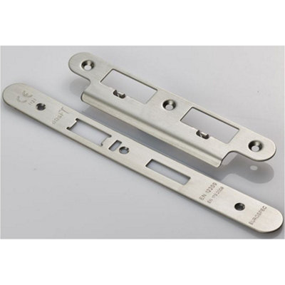 B&Q -  Din Escape Lock Door Frame Forend Strike & Fixing PackSatin Steel Radius