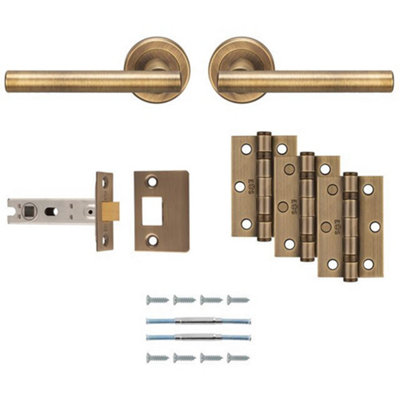 Loops Premium Door Handle & Latch PackAntique Brass Straight Bar Lever Round Rose from B&Q