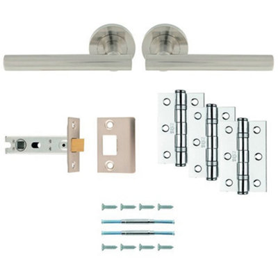 Loops Premium Door Handle & Latch PackSatin Nickel Straight Bar Lever Round Rose from B&Q