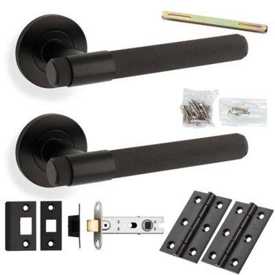 Loops Door Handle & Latch PackMat BlackModern Knurled Bar Lever On Round Rose from B&Q