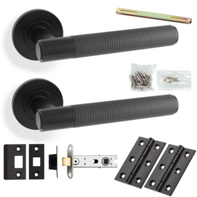 Loops Door Handle & Latch PackMatt BlackStraight Knurled Bar Lever On Round Rose from B&Q