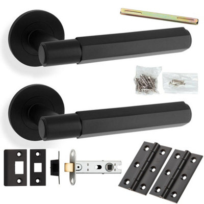 Loops Door Handle & Latch PackMatt BlackIndustrial Hex Lever On Round Rose from B&Q