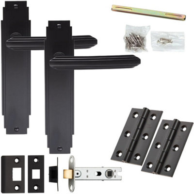Loops Door Handle & Latch PackMatt BlackArt Deco Reeded Lever On Backplate from B&Q