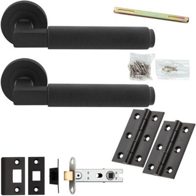 Loops Door Handle & Latch PackMatt BlackSquare Knurled Bar Lever On Round Rose from B&Q
