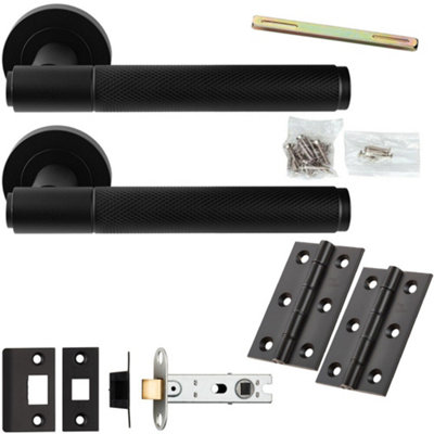 Loops Door Handle & Latch PackMatt BlackKnurled Straight Bar Lever On Round Rose from B&Q