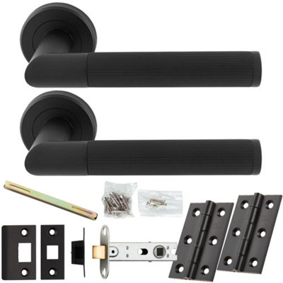 Loops Door Handle & Latch PackMatt BlackMitred Lined Reeded Lever On Round Rose from B&Q