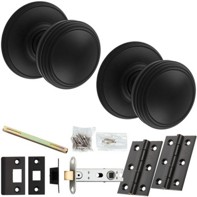 Loops Mortice Door Knob & Latch PackMatt BlackRinged Reeded On Round Rose from B&Q