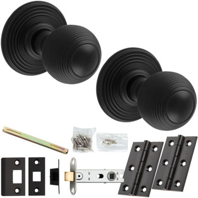 Loops Mortice Door Knob & Latch PackMatt BlackRinged Reeded Ball On Round Rose from B&Q