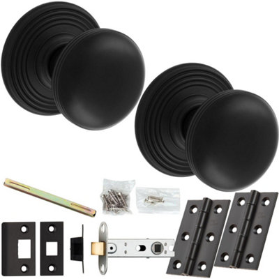 Loops Mortice Door Knob & Latch PackMatt BlackLined Reeded On Round Rose from B&Q