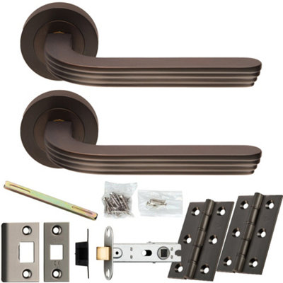 Loops Door Handle & Latch PackMatt BronzeArt Deco Reeded Lever On Round Rose from B&Q