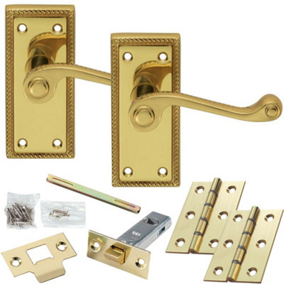 Loops Door Handle & Latch PackPolished BrassGeorgian Scroll Lever On Backplate from B&Q