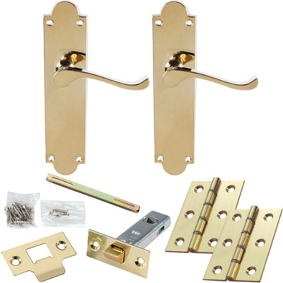 Loops Door Handle & Latch PackPolished BrassModern Scroll Lever On Scalloped Backplate from B&Q