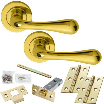 Loops Door Handle & Latch PackPolished BrassFlared Short Bar Lever On Round Rose from B&Q