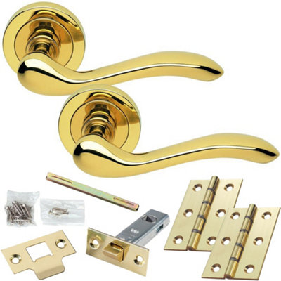 Loops Door Handle & Latch PackPolished BrassModern Scroll Bar Lever On Round Rose from B&Q
