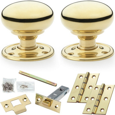 Loops Mortice Door Knob & Latch PackPolished Brass51mm Smooth Mushroom On Round Rose from B&Q