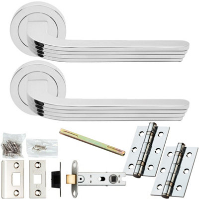 Loops Door Handle & Latch PackPolished ChromeArt Deco Reeded Lever On Round Rose from B&Q