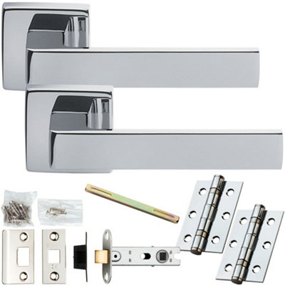 Loops Door Handle & Latch PackPolished ChromeFlat Slim Bar Lever On Square Rose from B&Q