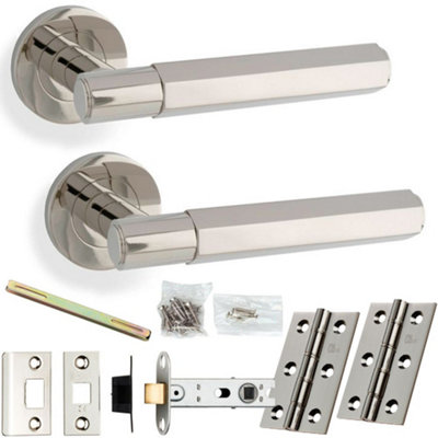 Loops Door Handle & Latch PackPolished NickelIndustrial Hex Lever On Round Rose from B&Q