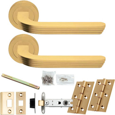 Loops Door Handle & Latch PackSatin BrassArt Deco Reeded Lever On Round Rose from B&Q