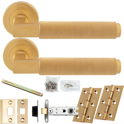 Loops Door Handle & Latch PackSatin BrassSquare Knurled Bar Lever On Round Rose from B&Q