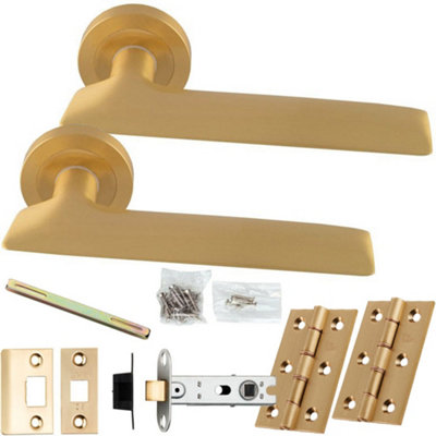 Loops Door Handle & Latch PackSatin BrassSmooth Flat Bar Lever On Round Rose from B&Q