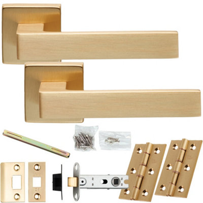Loops Door Handle & Latch PackSatin BrassFlat Slim Bar Lever On Square Rose from B&Q