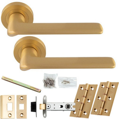 Loops Door Handle & Latch PackSatin BrassSlim Rounded Lever On Round Rose from B&Q
