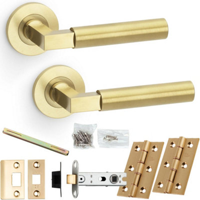 Loops Door Handle & Latch PackSatin BrassMitred Smooth Bar Lever On Round Rose from B&Q