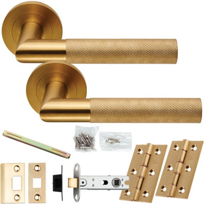 Loops Door Handle & Latch PackSatin BrassRound Knurled Mitred Lever On Round Rose from B&Q