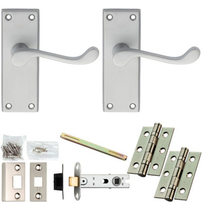 Loops Door Handle & Latch Pack - Satin Chrome - Victorian Scroll Lever On Backplate