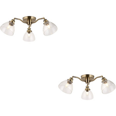Loops 2 Pack Antique Brass Semi Flush Low Ceiling LightClear Multi Arm Glass3 X 7W Led E14 from B&Q